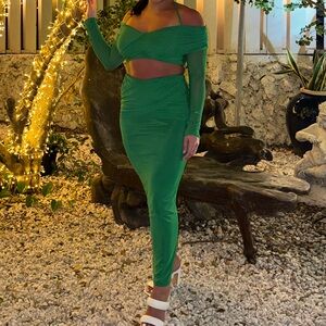 Off Shoulder Wrap Front Crop Top & Split Back Pencil Skirt